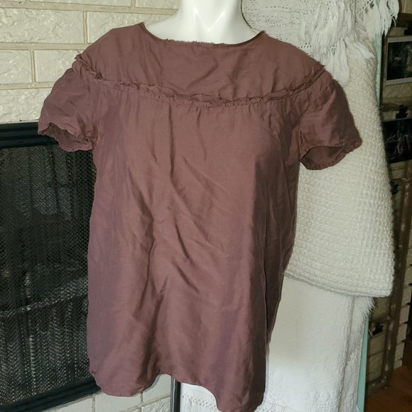 Hannes Roether Plum Cotton/Silk Boho ruffle cap sleeve Top S - Picture 2 of 5